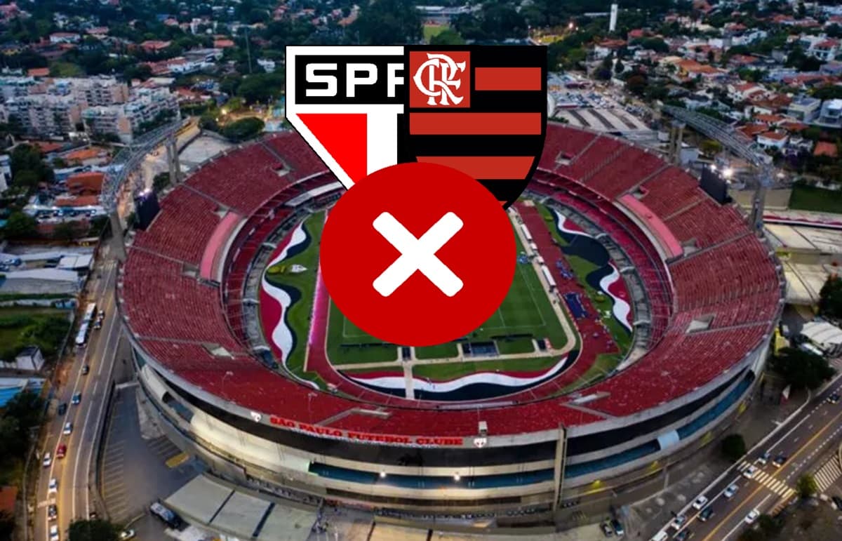 Montagem com Morumbi ao fundo, escudos de São Paulo e Flamengo flutuando e um "X" vermelho indicando que o confronto não será neste palco