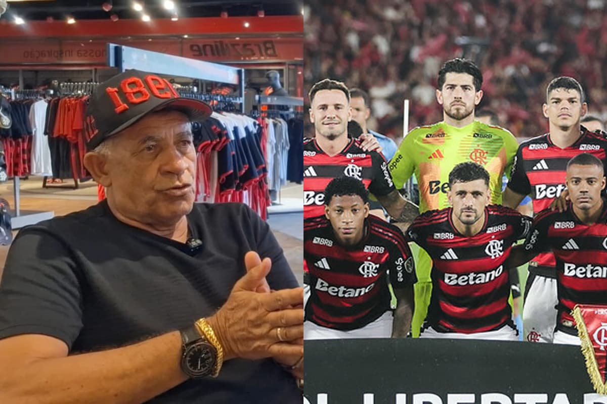 Montagem da esquerda pra direita: Nunes, em entrevista ao MundoBola Flamengo, ao lado de uma foto do elenco do Flamengo antes da partida contra o Estudiantes pela Libertadores
