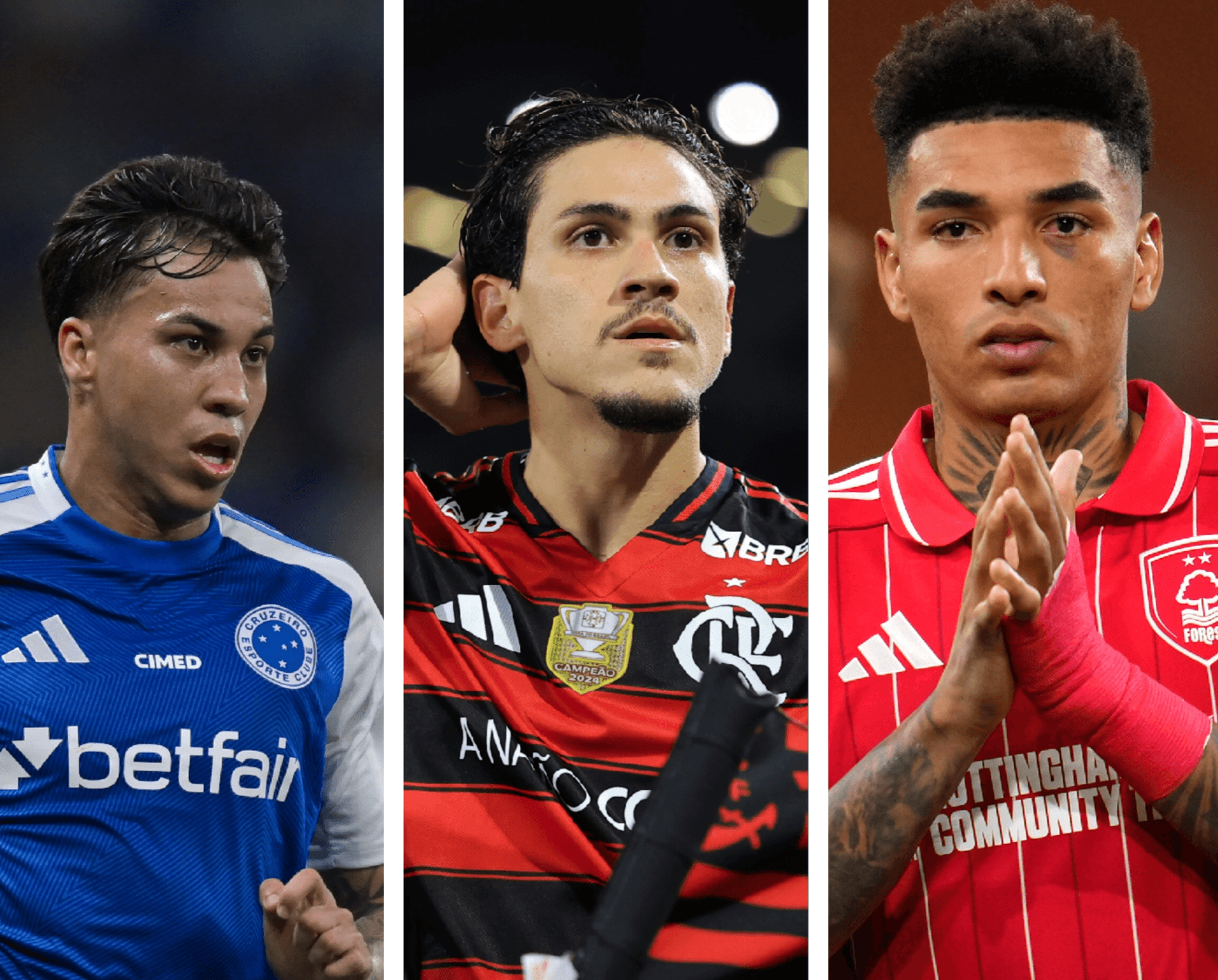 Kaio Jorge, do Cruzeiro, Pedro, do Flamengo, e Igor Jesus, do Nottingham Forest
