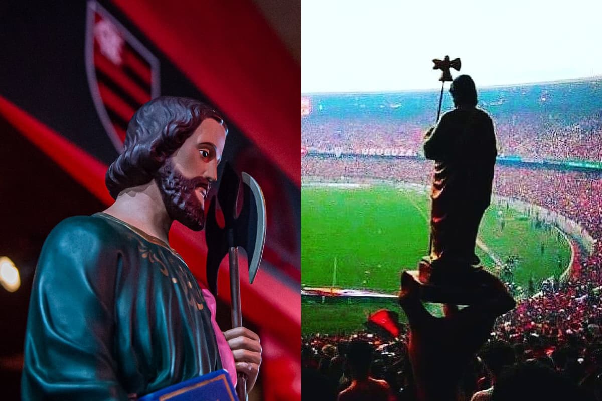 Montagem com duas fotos de São Judas Tadeu: uma com o escudo do Flamengo no fundo e outra na arquibancada do Maracanã lotado