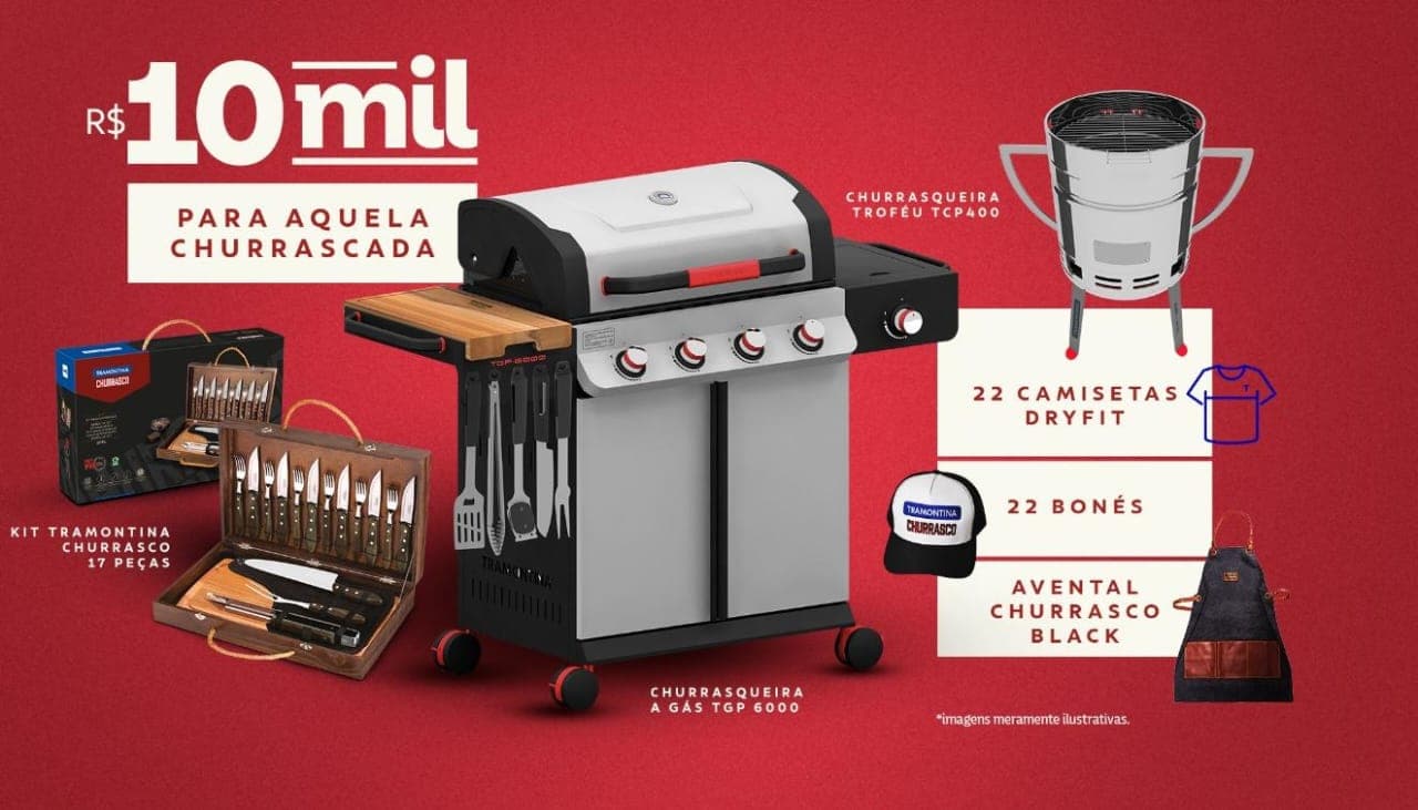 Prêmios do concurso VAR do Churrasco Tramontina: R$10 mil, churrasqueira, kit churrasco e brindes personalizados.