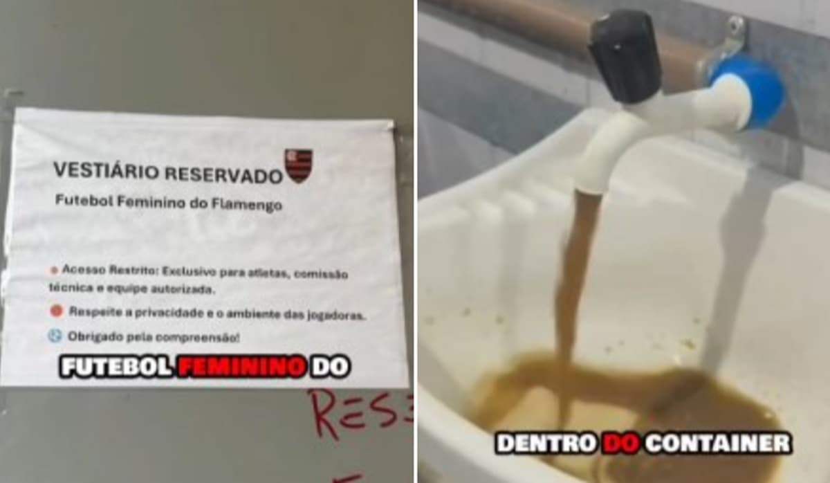 Vestiário do Flamengo no futebol feminino; torneira com água barrenta