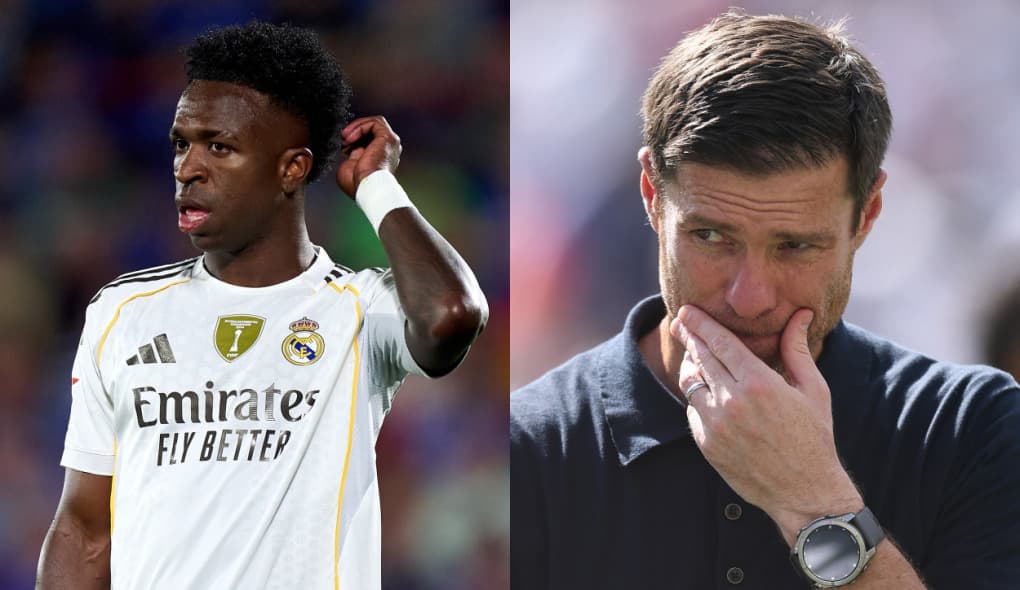 Foto: Vini Jr, em campo, com a mão na cabeça, com a camisa do Real Madrid/Xabi Alonso, técnico do Real Madrid, com a mão na boca e pensativo