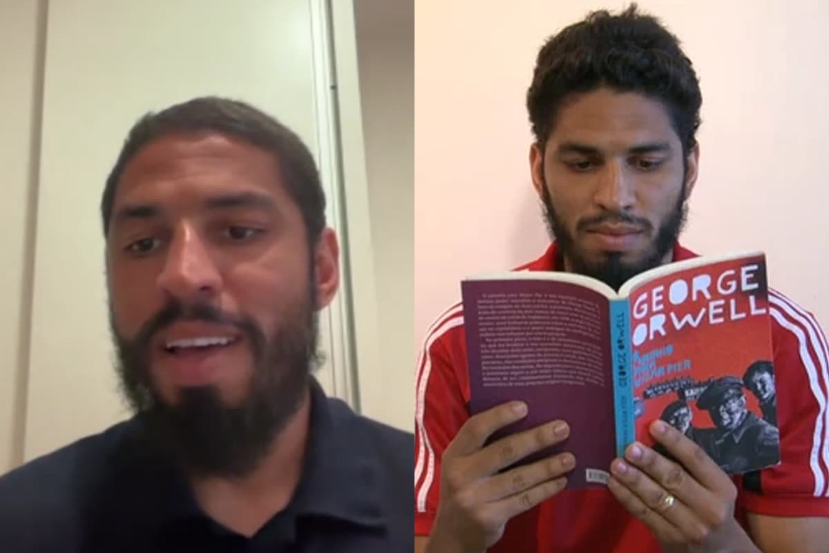 Montagem da esquerda pra direita: trecho de entrevista com zagueiro Wallace e foto do jogador lendo um livro de George Orwell nos tempos de Flamengo