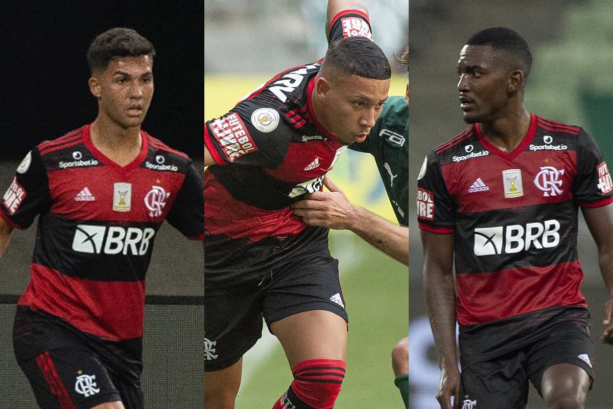 Montagem da esquerda pra direita com três ex-jogadores do Flamengo na partida contra o Palmeiras em 2020: Yuri Oliveira, Guilherme Bala e Ramon Ramos