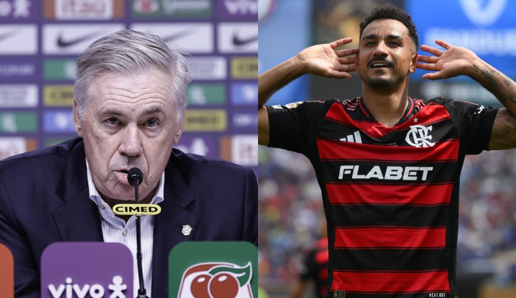 Carlo Ancelotti convocação Seleção Brasileira/Danilo comemorando gol pelo Flamengo com as mãos no ouvido