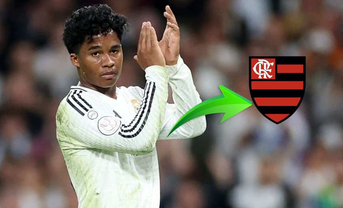 Endrick em ação pelo Real Madrid; escudo do Flamengo