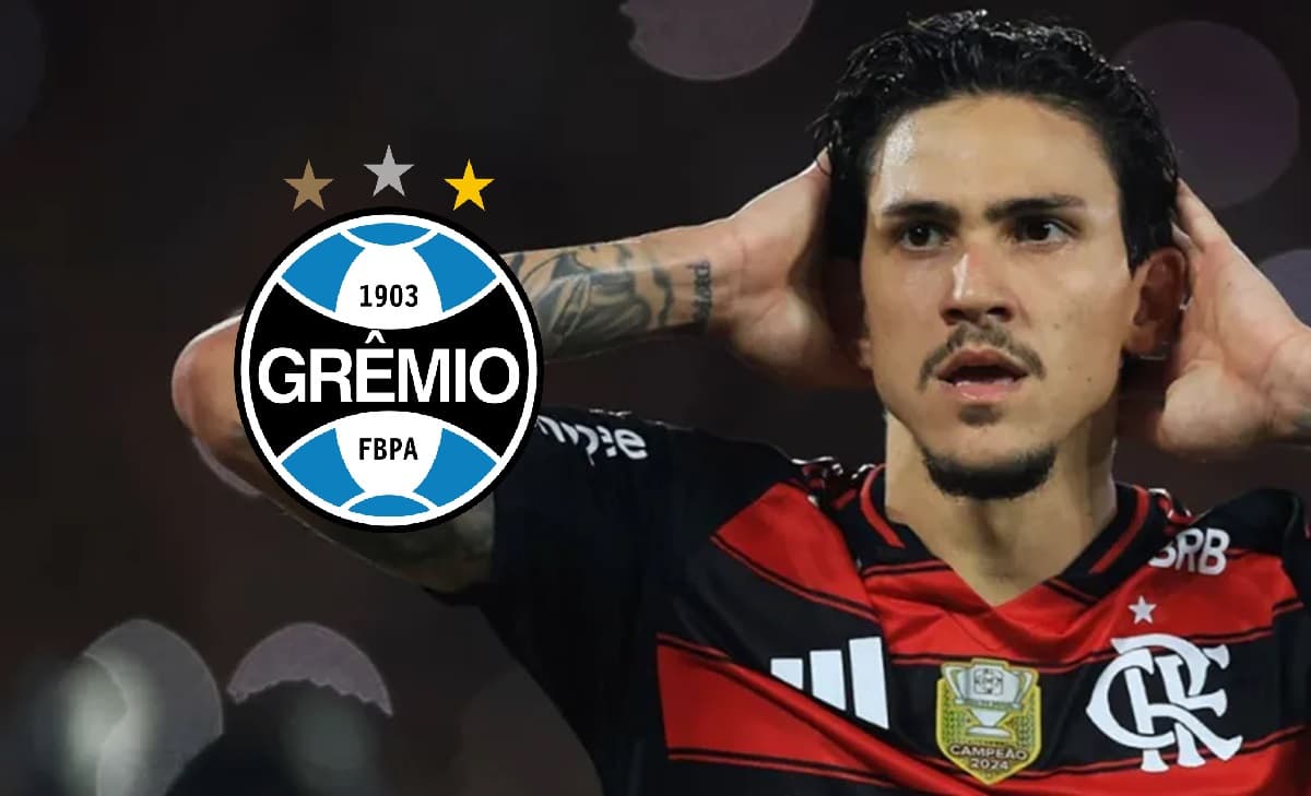 Pedro lamenta gol perdido pelo Flamengo; escudo do Grêmio