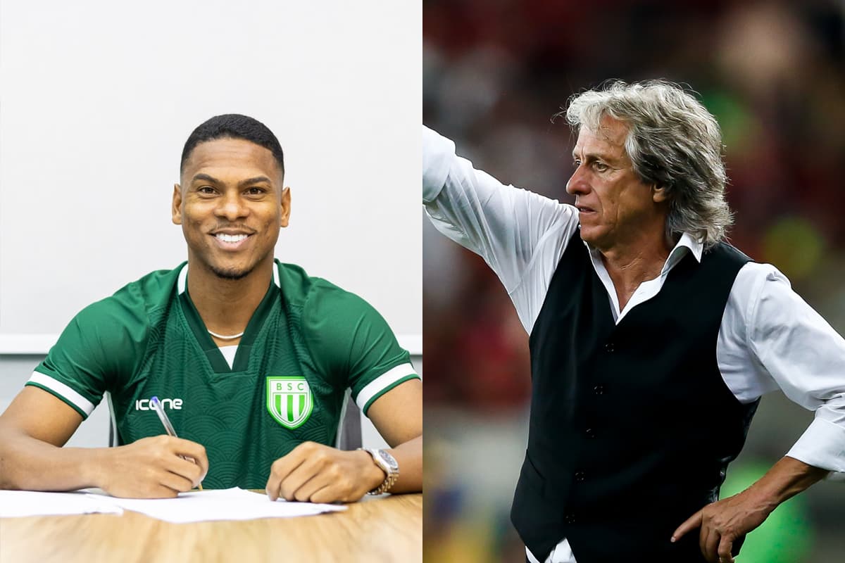 Montagem da esquerda pra direita: Lucas Silva assinando contrato com o Boavista-RJ e Jorge Jesus durante Flamengo x Ceará em 2019