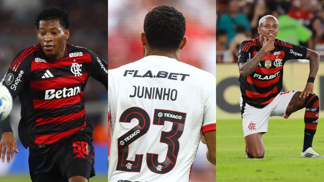 Plata correndo atrás da bola; Juninho de costas em campo pelo Flamengo; Wallace Yan comemorando gol pelo Flamengo