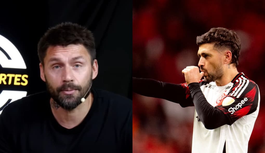 Rafael Sóbis, ex-jogador e comentarista/Arrascaeta comemorando gol com dedo na boca e apontando a outra mão para frente