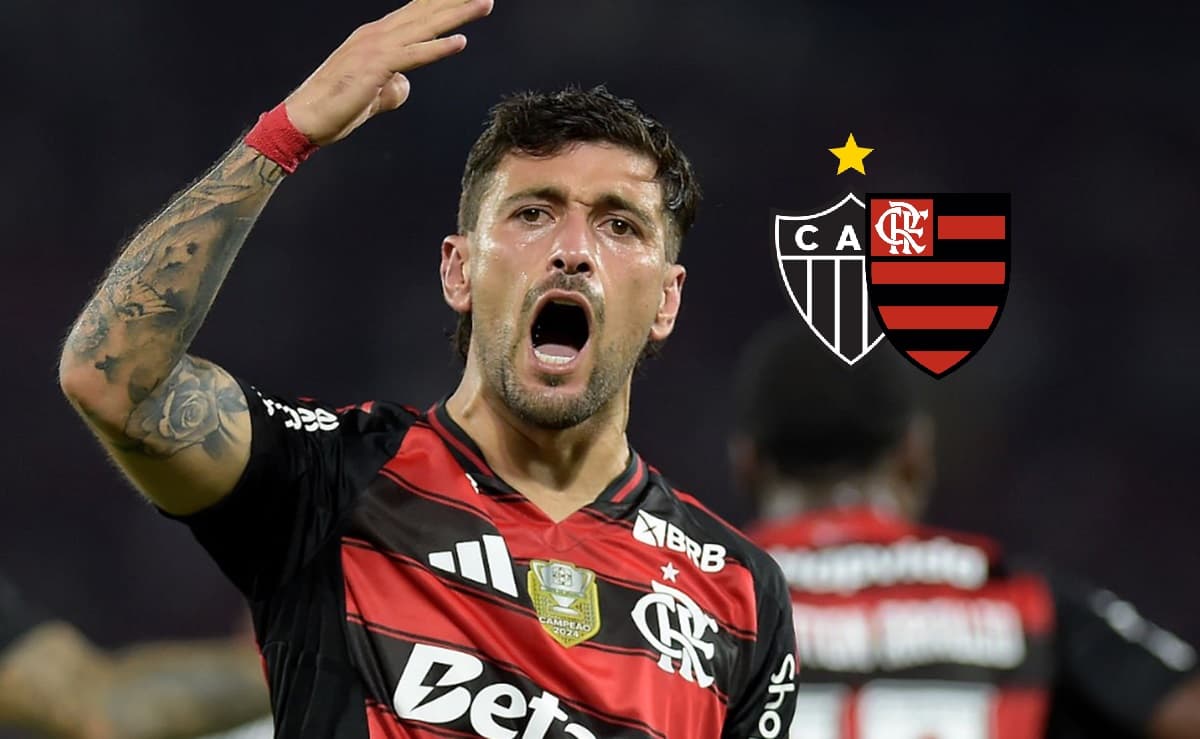 Arrascaeta comemora gol do Flamengo; escudo do Mengão e do Atlético-MG
