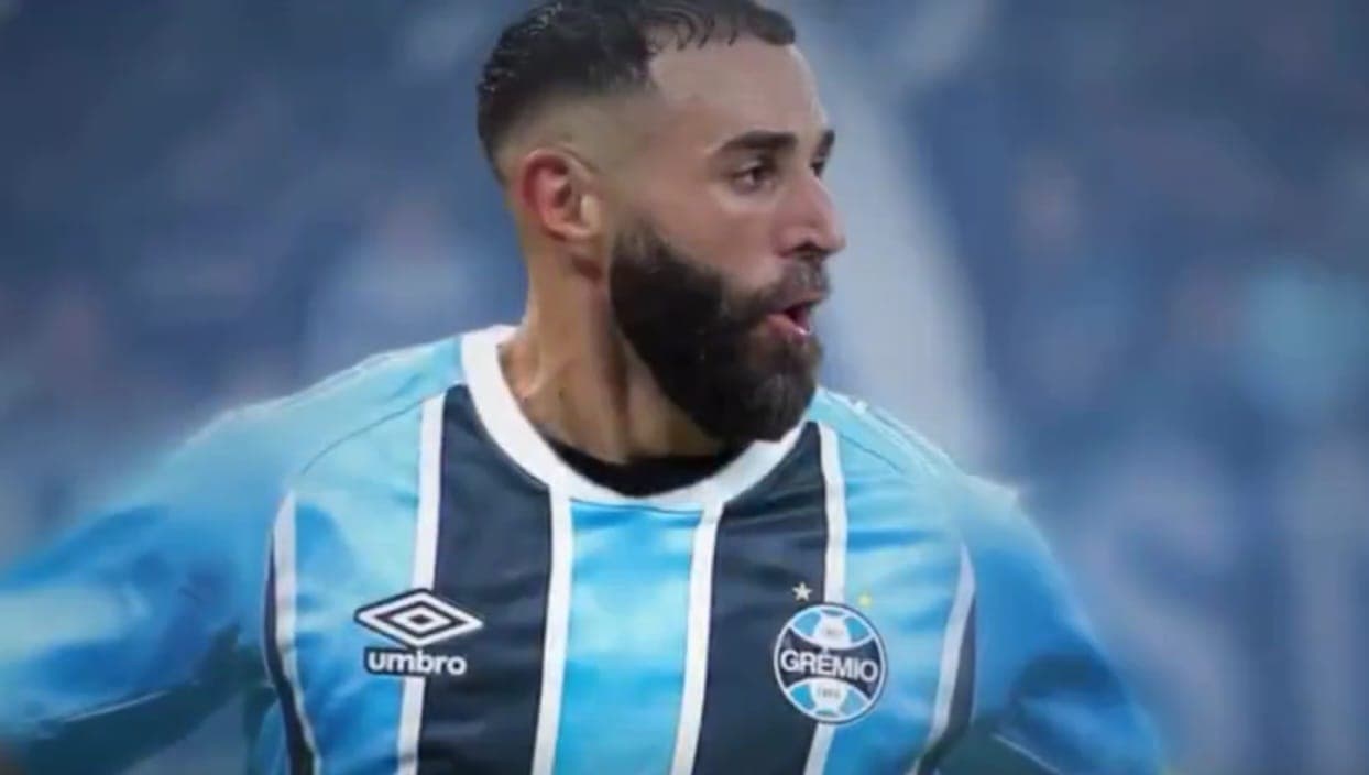 Benzema com a camisa do Grêmio em vídeo divulgado por Paulo Caleffi
