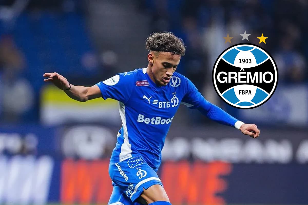 Montagem com Bitello jogando pelo Dynamo Moscow e o escudo do Grêmio ao lado