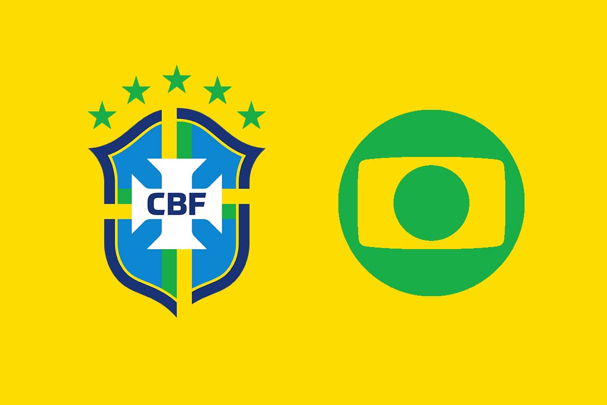 Montagem com fundo amarelo com o escudo da Seleção Brasileira à esquerda e a logo da Globo com a com verde à direita