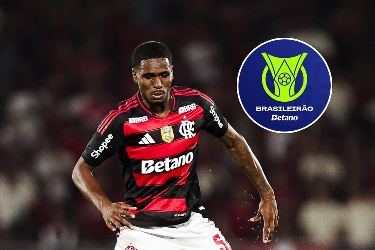 Montagem com Evertton Araújo jogando pelo Flamengo ao lado da logo Brasileirão Betano