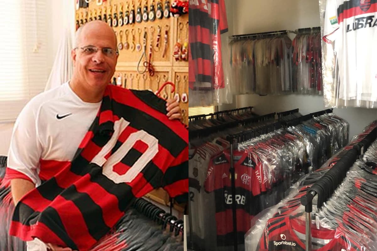 Montagem da esquerda pra direita: Eduardo Vinícius com uma camisa do Flamengo e sua coleção com diversas camisas do Flamengo, protegidas com plásticos