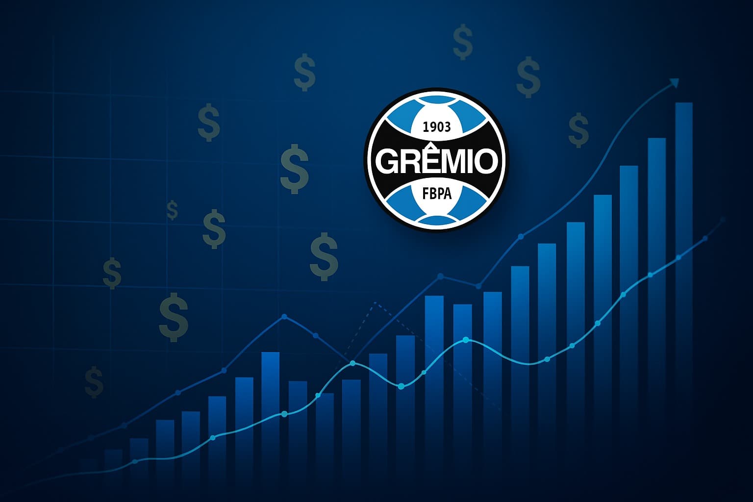 Arte com o escudo do Grêmio, gráficos e s cifrões ao fundo, para representar as finanças do clube