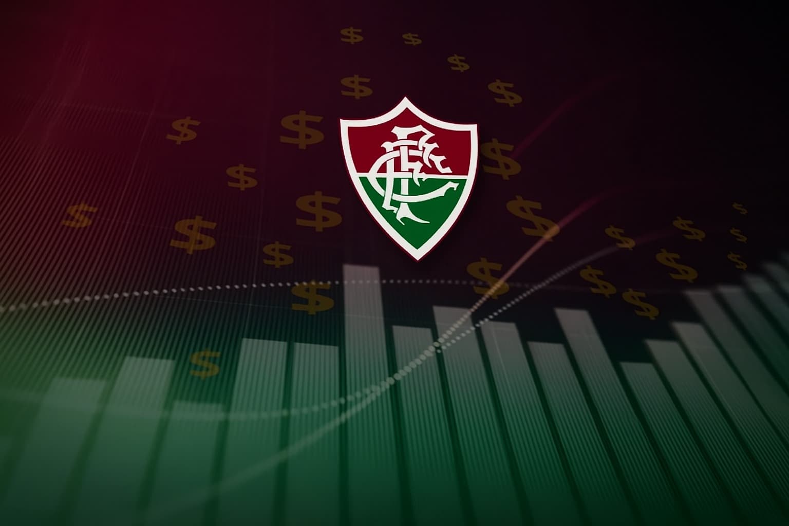 Arte com o escudo do Fluminense, gráficos e s cifrões ao fundo, para representar as finanças do clube