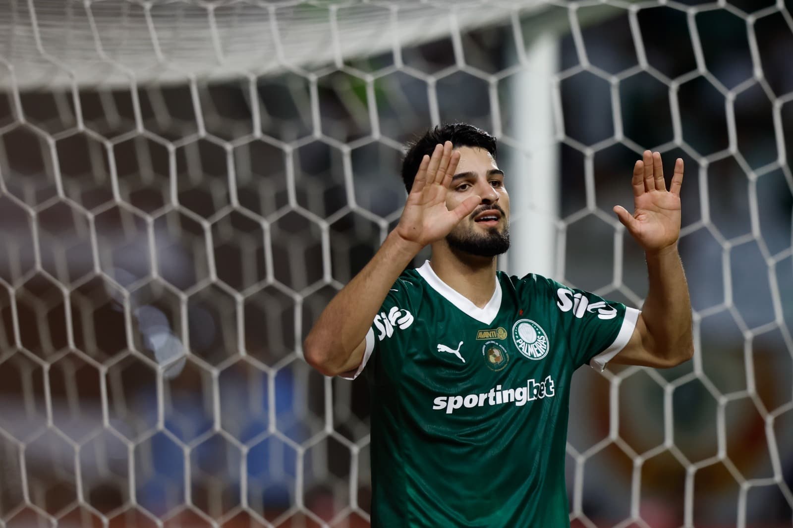 Flaco López, atacante do Palmeiras, comemora gol na Libertadores com as mãos para cima