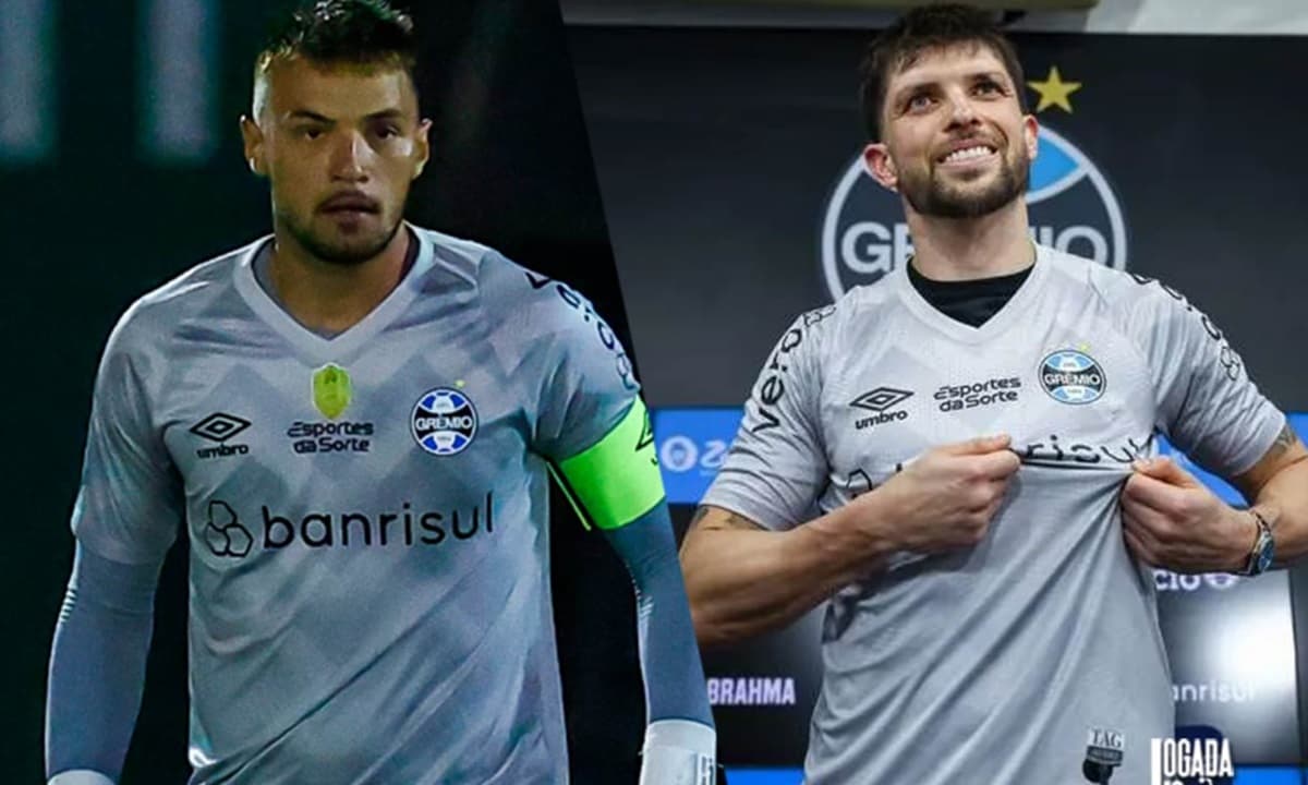 Gabriel Grando e Volpi com a camisa do Grêmio em 2025