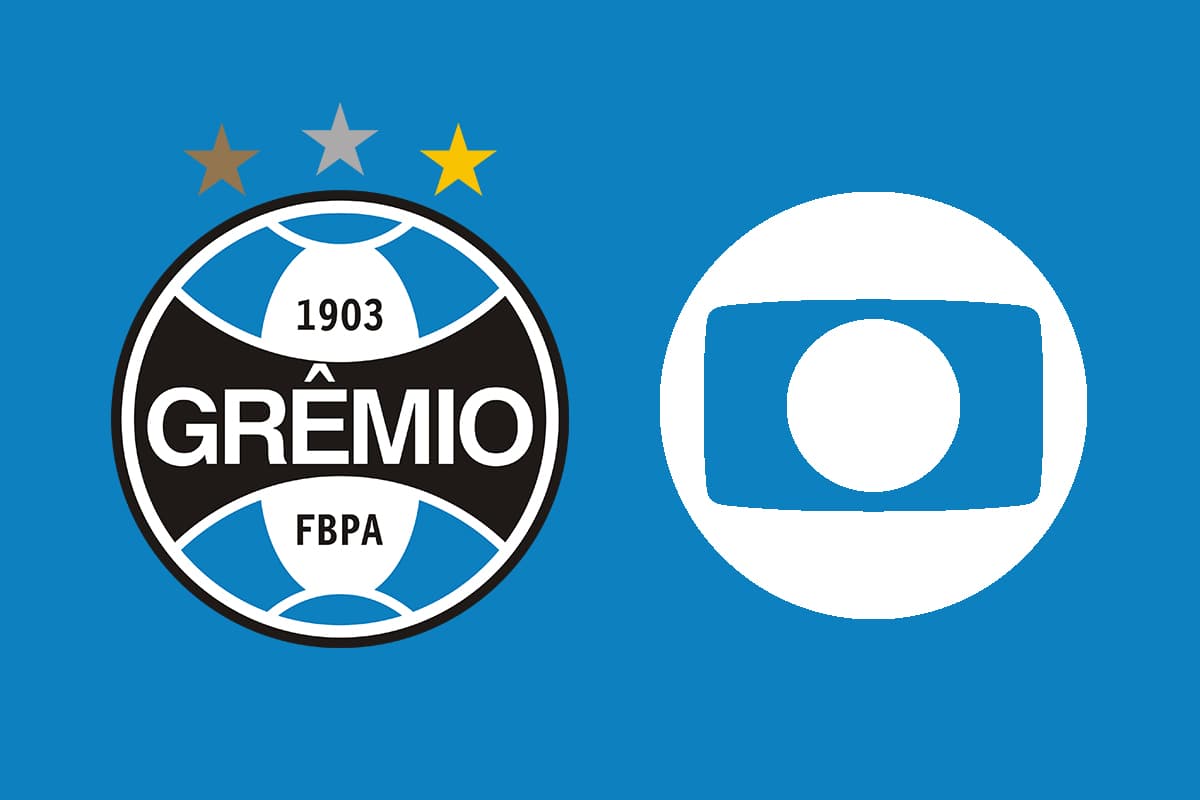 Montagem com fundo azul com o escudo do Grêmio à esquerda e a logo da Globo à direita