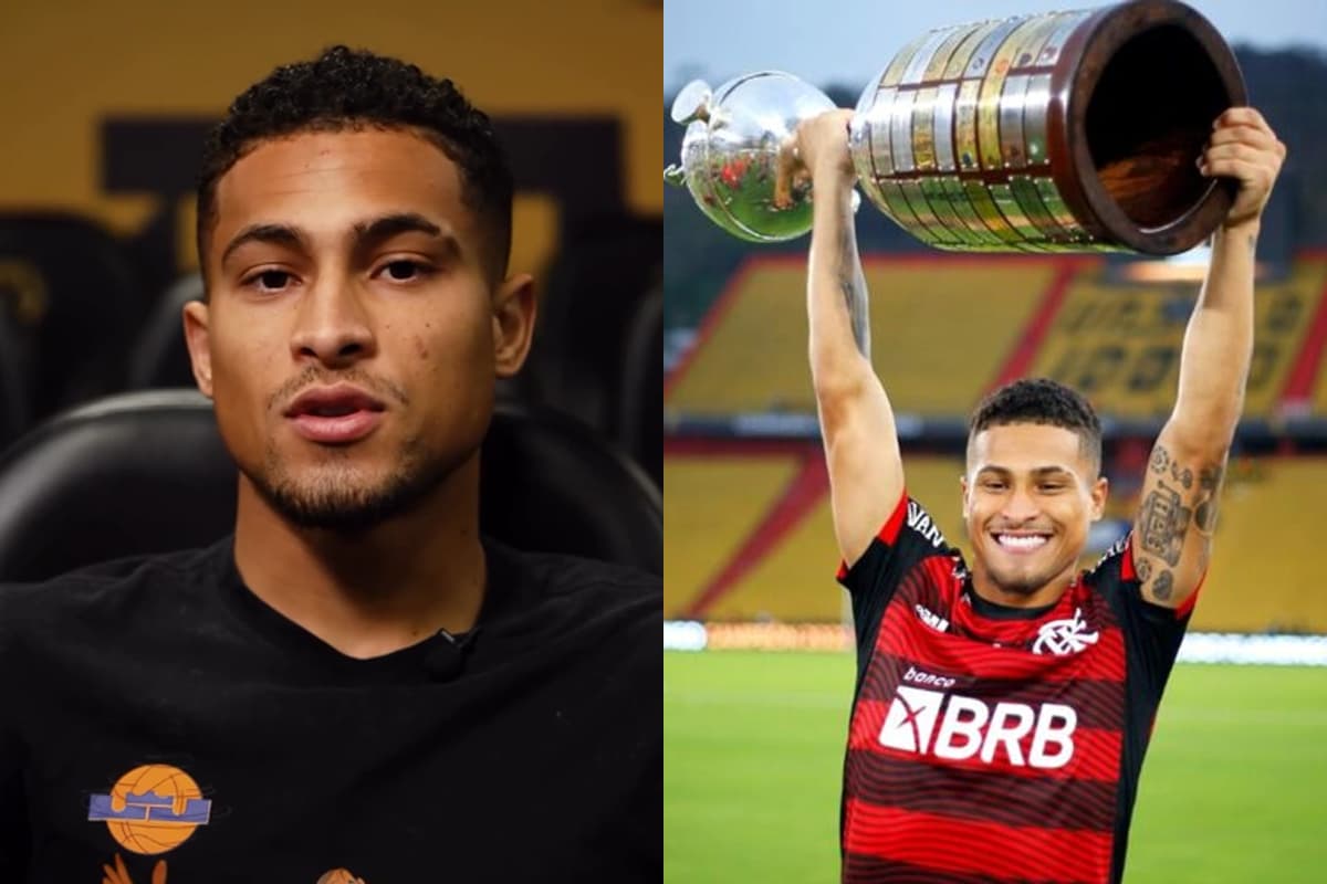 Montagem da esquerda pra direita: João Gomes anunciando seu instituto e o jogador com a taça da Libertadores em 2022