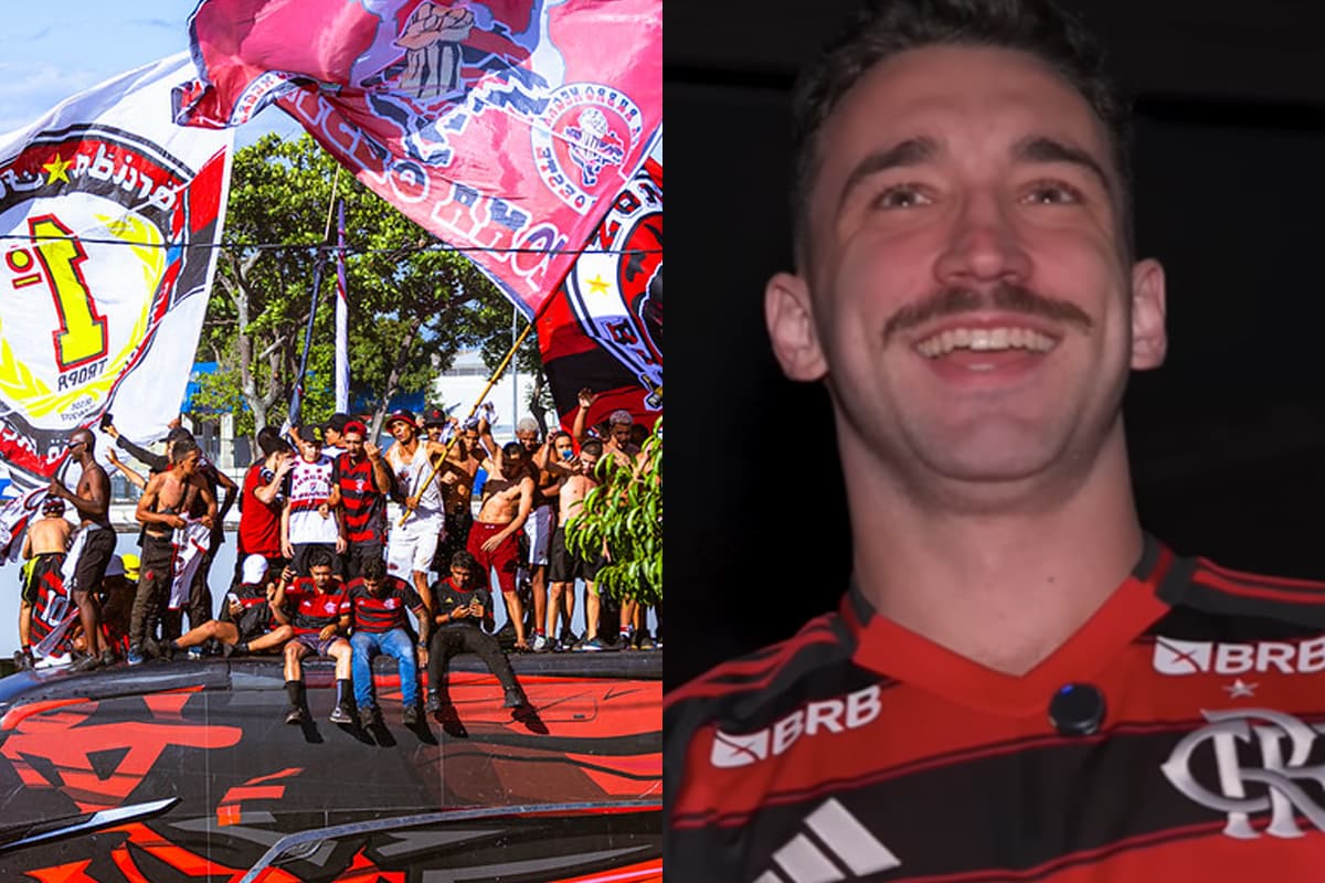 Montagem com AeroFla da torcida rubro-negra para a final da Libertadores e trecho de Léo Ortiz durante visita ao Museu Flamengo