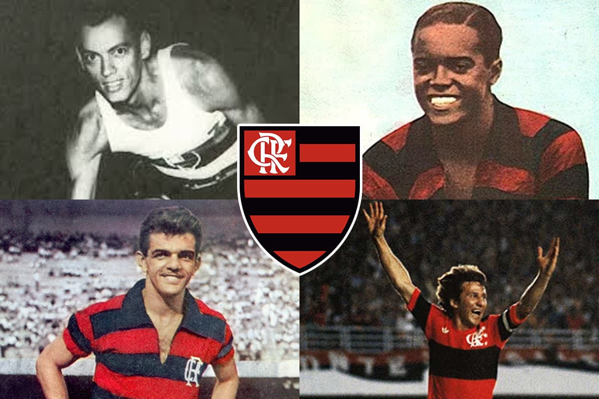 Montagem com o escudo do Flamengo centralizado e com 4 atletas da história do clube: Algodão (basquete), Dida, Leônidas e Zico (futebol)