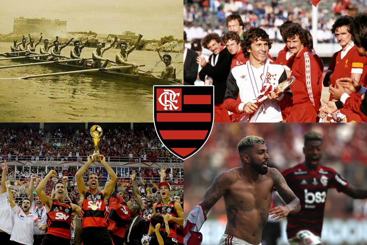 Montagem com quatro momentos marcantes do Flamengo e com o escudo do clube centralizado: remadores rubro-negros no início do clube, Zico após o título mundial contra o Liverpool, Marcelinho levantando o título mundial de 2014 e Gabigol em 2019