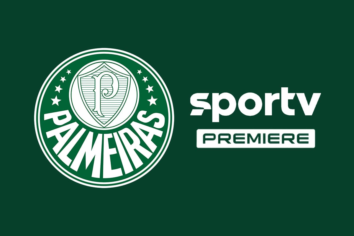 Montagem com fundo verde-escuro, à esquerda, o escudo do Palmeiras e, à direita, as logo do SporTV e Premiere