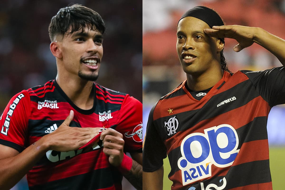 Montagem com Lucas Paquetá e Ronaldinho Gaúcho com a camisa do Flamengo em 2018 e 2011