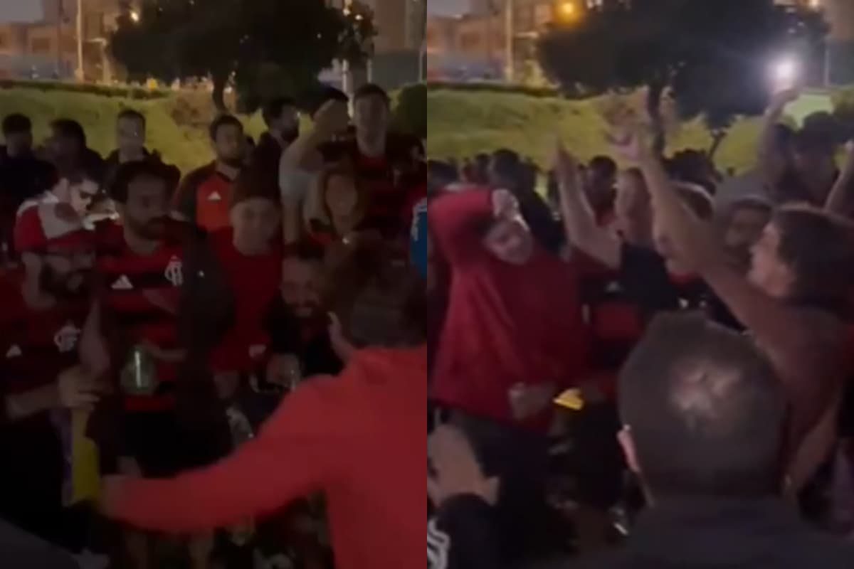 Torcida do Flamengo festejando em Lima, no Peru, antes da final da Libertadores 2025