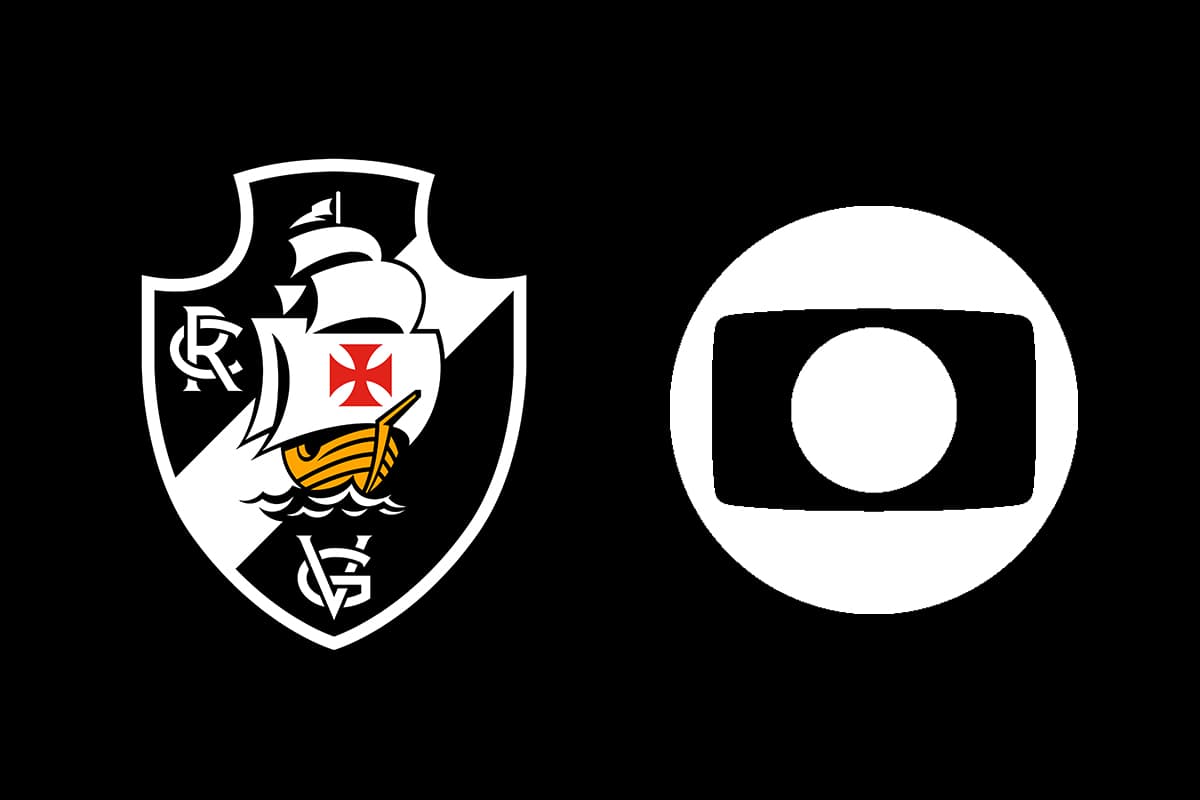 Montagem com fundo preto com o escudo do Vasco à esquerda e a logo da Globo à direita
