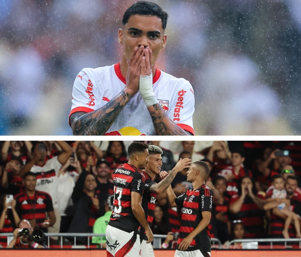 Vinicinho pelo Bragantino e Flamengo comemorando