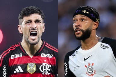 Montagem com Arrascaeta comemorando gol pelo Flamengo e Memphis Depay durante Corinthians x Vasco