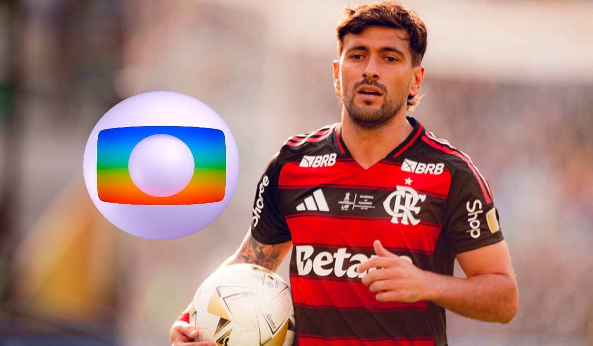 Arrascaeta em jogo do Flamengo; logo da Globo