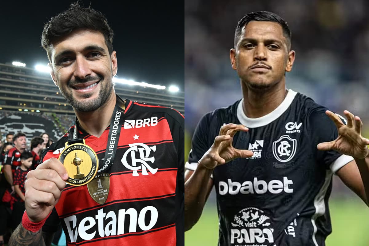 Montagem com Arrascaeta, do Flamengo, com a medalha de campeão da Libertadores e Pedro comemorando gol pelo Remo