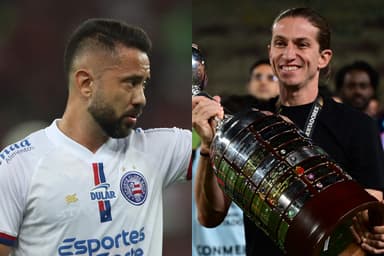 Montagem com Everton Ribeiro no Bahia e Filipe Luís com a taça da Libertadores pelo Flamengo