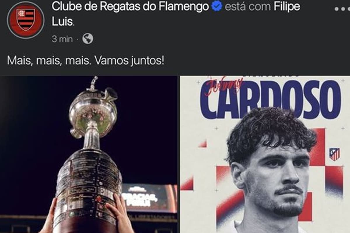 Publicação de Flamengo celebrando renovação de Filipe Luís com a foto de Johnny Cardoso, do Atlético de Madrid