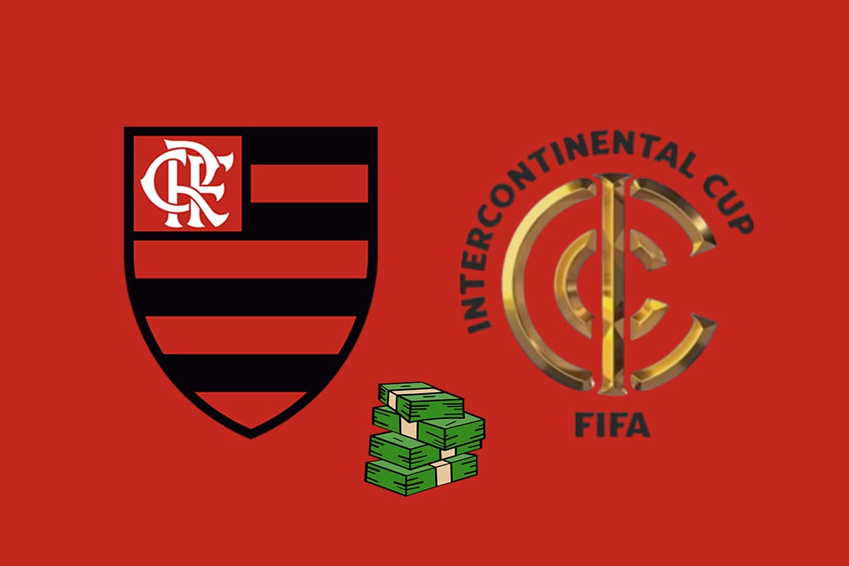 Montagem com o escudo do Flamengo, um montante de dinheiro e a logo da Copa Intercontinental da FIFA