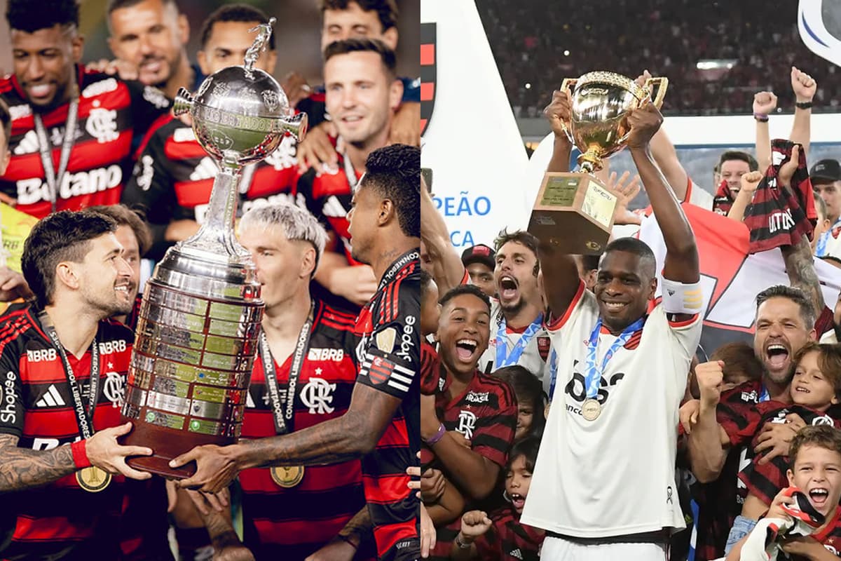 Montagem com Flamengo levantando título da Libertadores em 2025 e do Carioca em 2019
