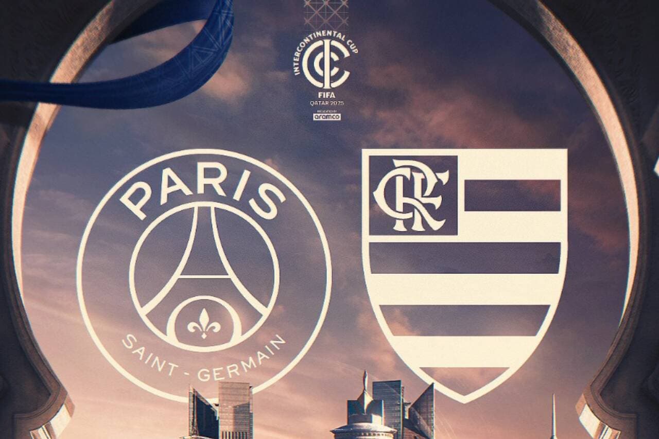 Arte feita pela Fifa com escudos para promover final do Intercontinental entre Flamengo x PSG