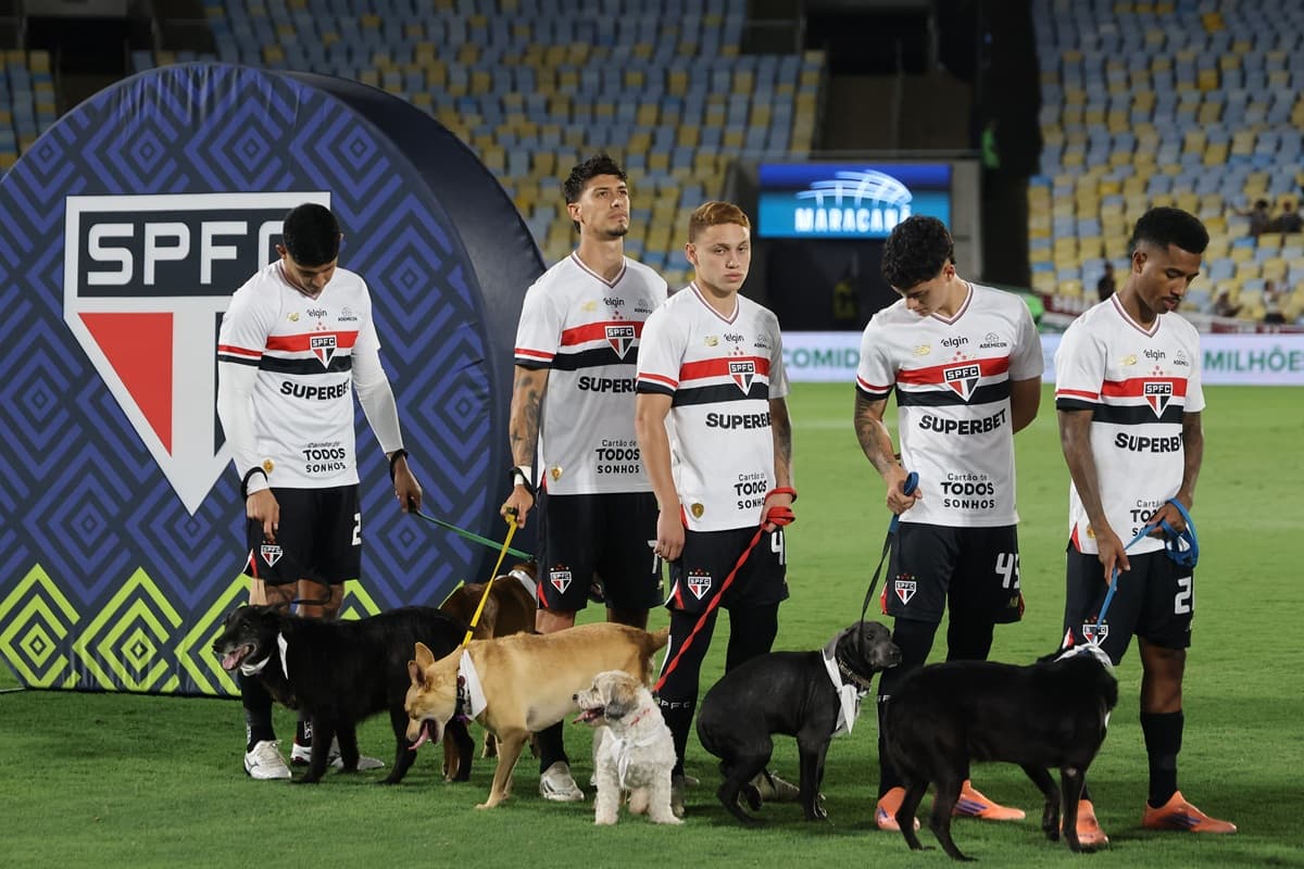Jogadores do São Paulo que participaram da escalação titular contra o Fluminense aguardam início de jogo com cachorros