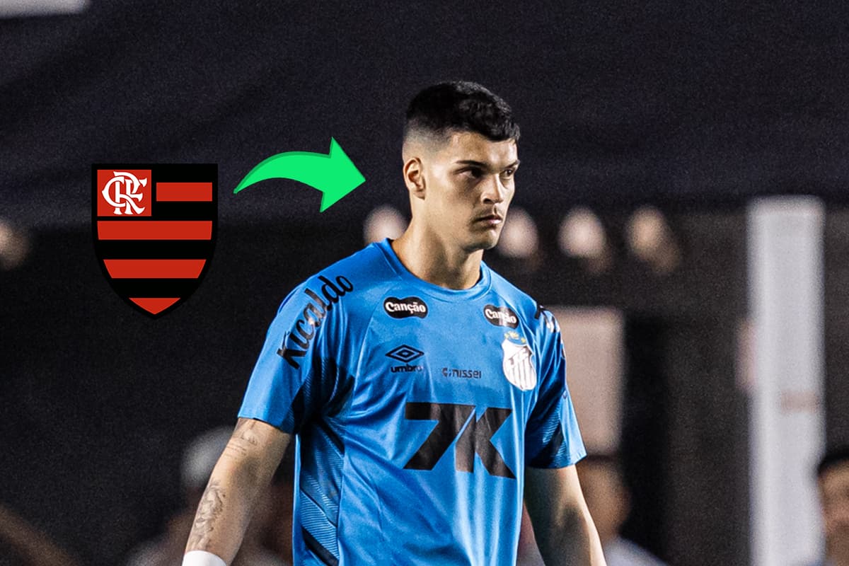 Montagem com Gabriel Brazão, vestindo uma camisa azul do Santos durante um jogo, ao lado do escudo do Flamengo e uma senta apontada para o jogador