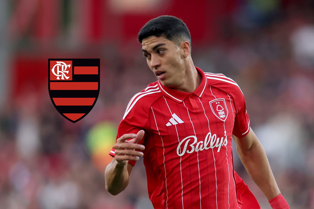 Montagem de Jair Cunha jogando pelo Nottingham Forest ao lado do escudo do Flamengo