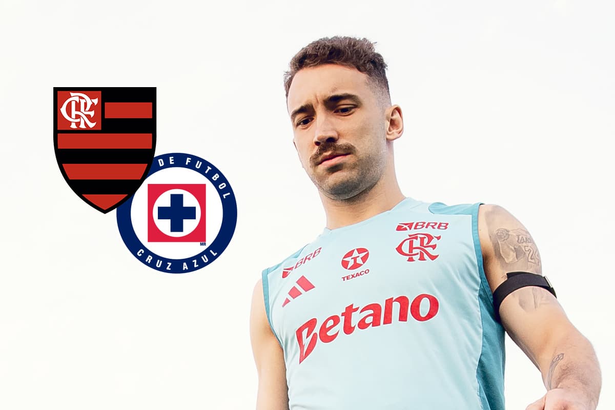 Montagem com Léo Ortiz durante treinamento, ao lado dos escudo de Flamengo e Léo Ortiz