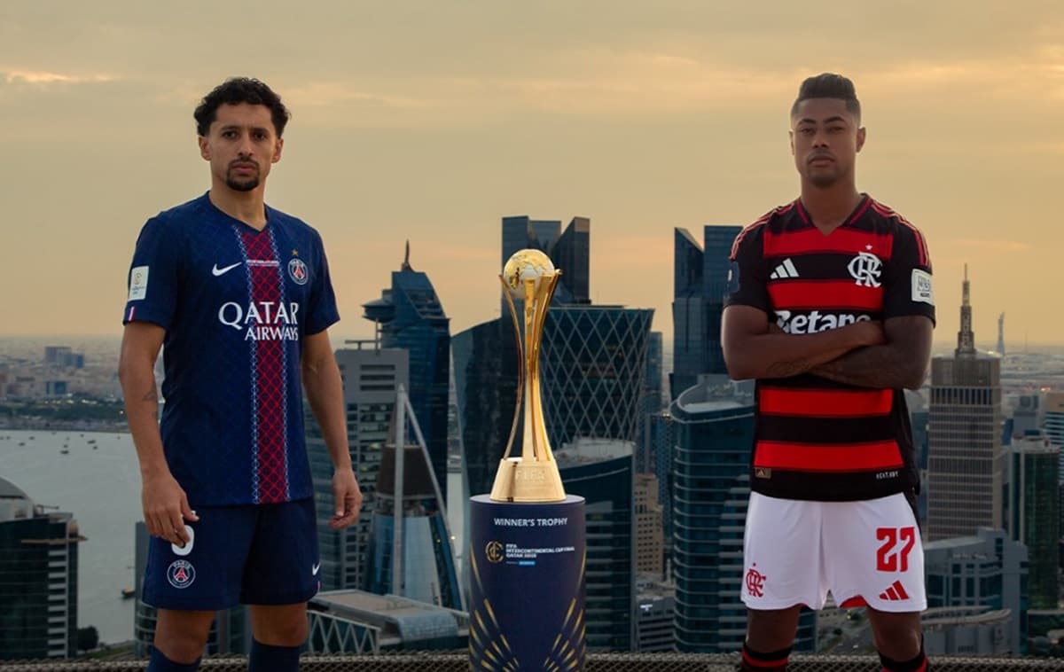 Marquinhos, do PSG, ao lado de Bruno Henrique, do Flamengo