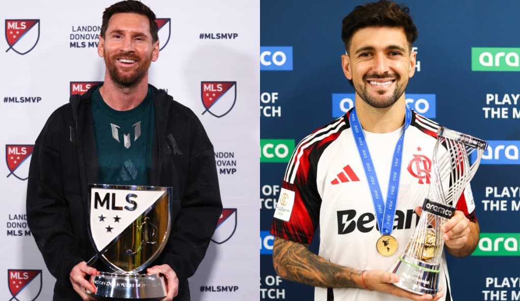 Messi com troféu de MVP da MLS (esquerda); Arrascaeta com prêmio de melhor em campo no Derby das Américas (direita); craques disputam Rei da América
