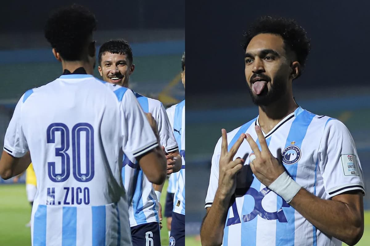 Mostafa Zico, atacante camisa 30 do Pyramids-EGI, comemorando gol